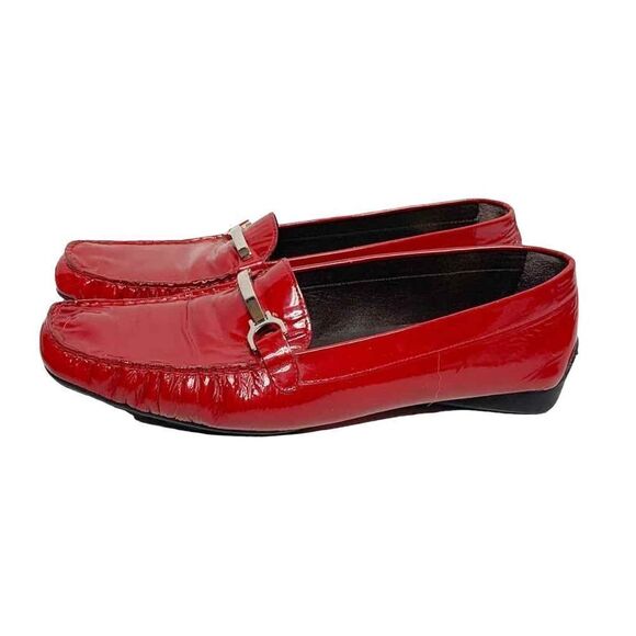 Vintage Stuart Weitzman Moccasins Loafers Patent Red Leather Silver Buckle 9.5 - Picture 2 of 11